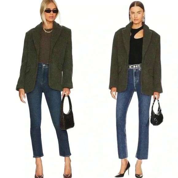 NWT Anine Bing Quinn Blazer in Dark Army Green Size Large Wool Mohair - Picture 1 of 16
